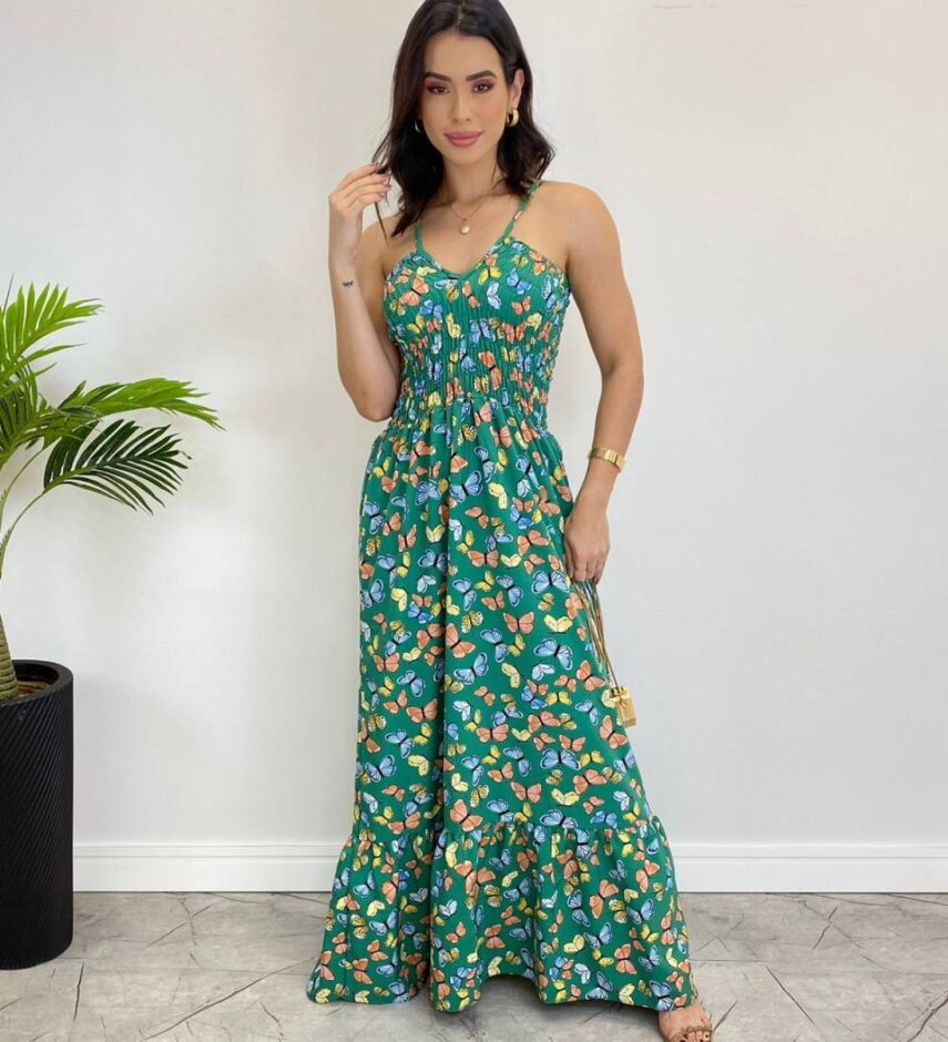 Vestido Longo Bia sem Bojo Estampa Borboletas Verde Fernanda Ramos Store
