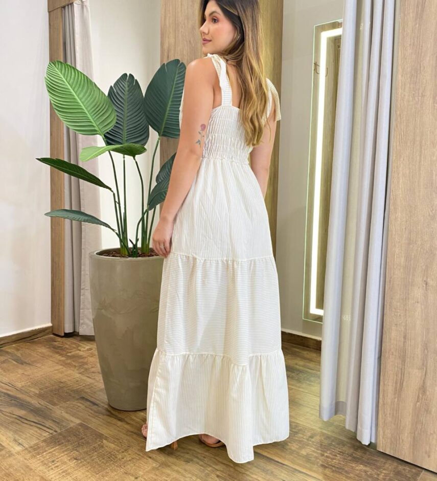 Vestido Longo com Bojo e Amarração nas Alças Listrado Bege - Fernanda Ramos Store