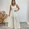 Vestido Longo com Bojo e Amarração nas Alças Listrado Bege - Fernanda Ramos Store