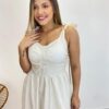 Vestido Longo com Bojo e Amarração nas Alças Listrado Bege - Fernanda Ramos Store