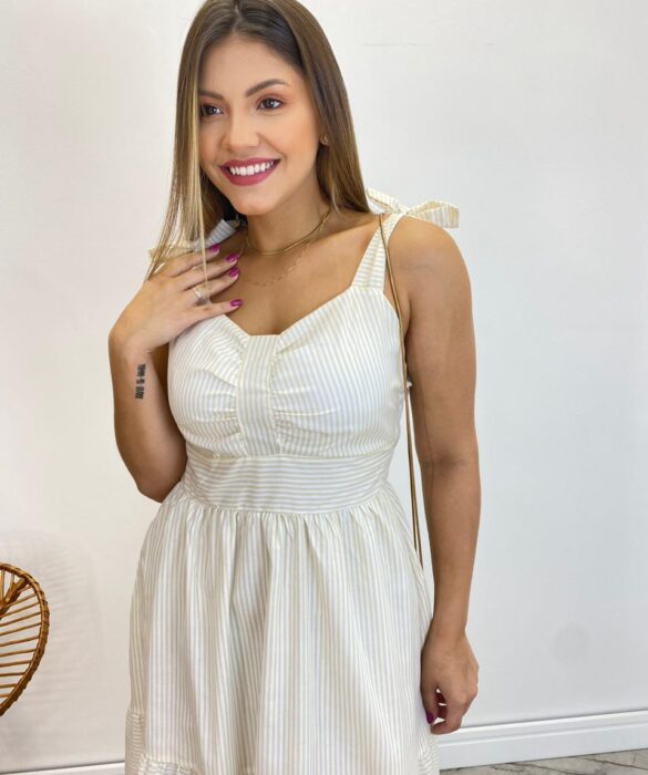 Vestido Longo com Bojo e Amarração nas Alças Listrado Bege - Fernanda Ramos Store