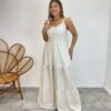 Vestido Longo com Bojo e Amarração nas Alças Listrado Bege - Fernanda Ramos Store