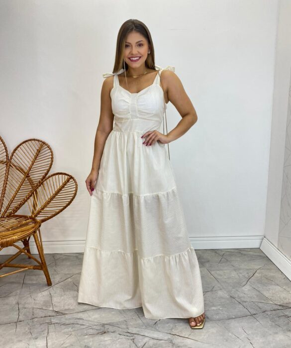 Vestido Longo com Bojo e Amarração nas Alças Listrado Bege - Fernanda Ramos Store