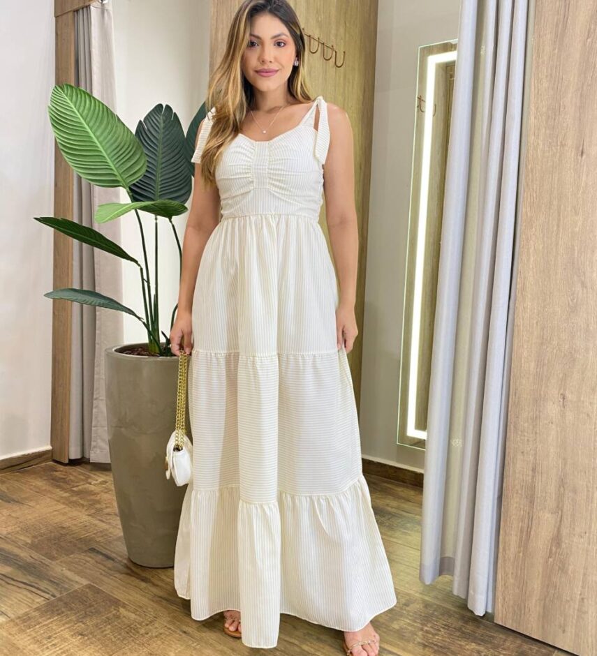 Vestido Longo com Bojo e Amarração nas Alças Listrado Bege - Fernanda Ramos Store