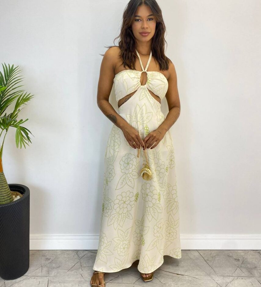 Vestido Longo com Bojo e Amarração no Pescoço Estampado Nude - Fernanda Ramos Store