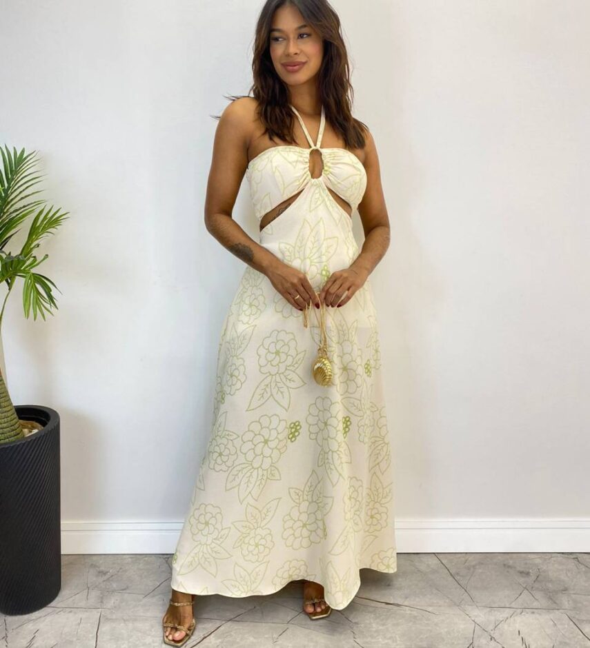Vestido Longo com Bojo e Amarração no Pescoço Estampado Nude - Fernanda Ramos Store