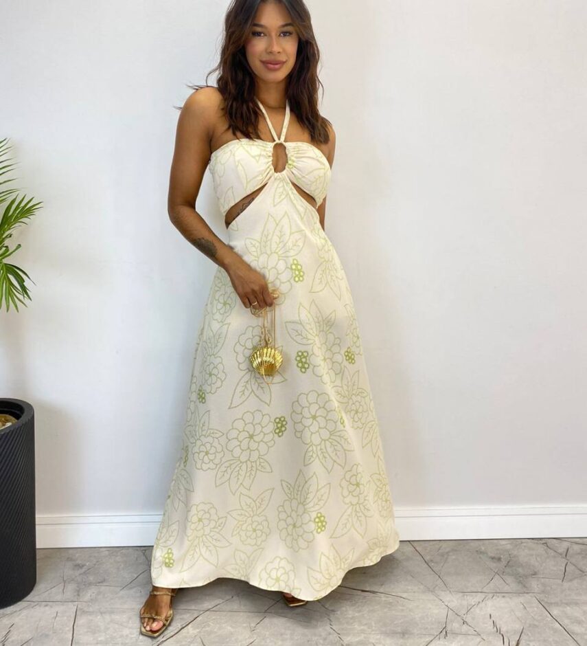 Vestido Longo com Bojo e Amarração no Pescoço Estampado Nude - Fernanda Ramos Store