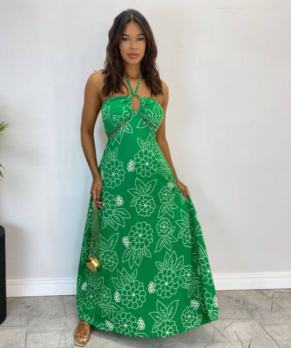 Vestido Longo com Bojo e Amarração no Pescoço Estampado Verde - Fernanda Ramos Store