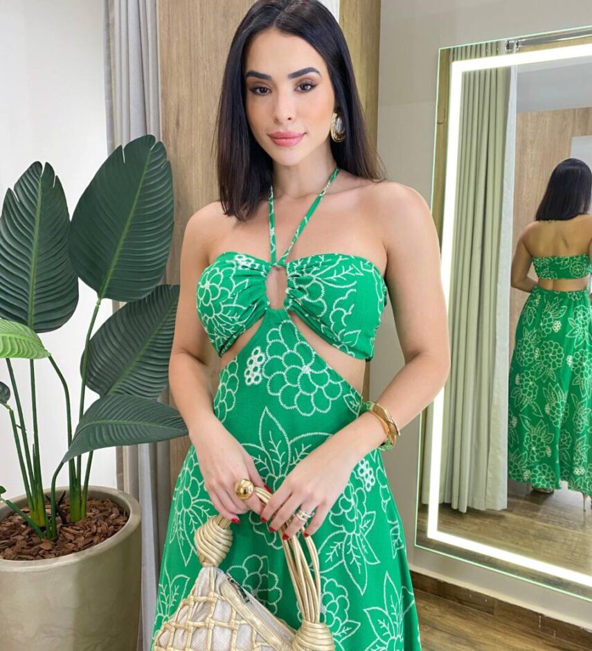 Vestido Longo com Bojo e Amarração no Pescoço Estampado Verde - Fernanda Ramos Store