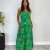 Vestido Longo com Bojo e Amarração no Pescoço Estampado Verde - Fernanda Ramos Store