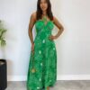 Vestido Longo com Bojo e Amarração no Pescoço Estampado Verde - Fernanda Ramos Store