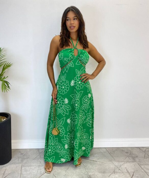 Vestido Longo com Bojo e Amarração no Pescoço Estampado Verde - Fernanda Ramos Store