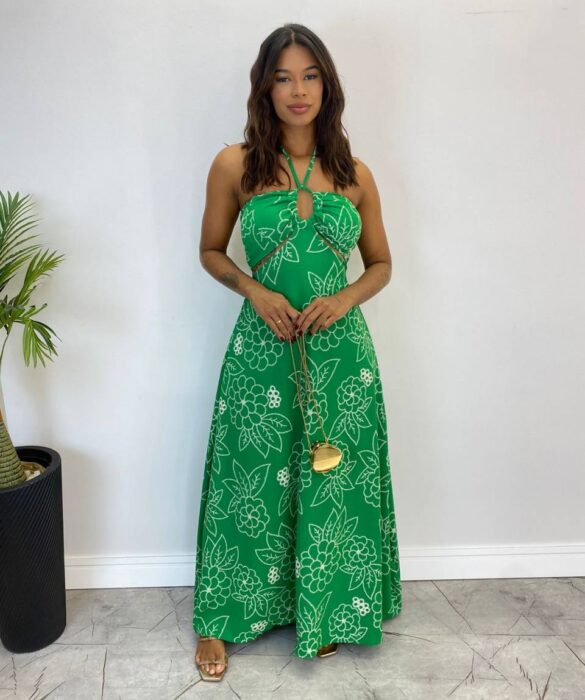 Vestido Longo com Bojo e Amarração no Pescoço Estampado Verde - Fernanda Ramos Store