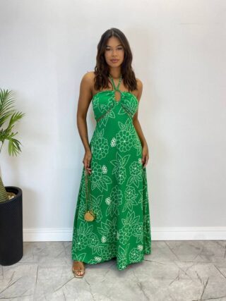 Vestido Longo com Bojo e Amarração no Pescoço Estampado Verde - Fernanda Ramos Store