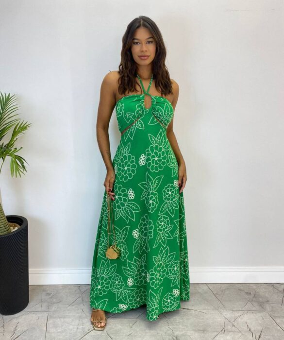 Vestido Longo com Bojo e Amarração no Pescoço Estampado Verde - Fernanda Ramos Store