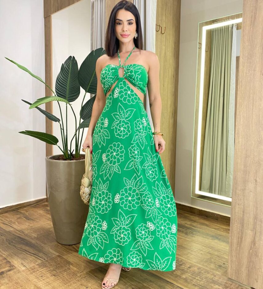 Vestido Longo com Bojo e Amarração no Pescoço Estampado Verde - Fernanda Ramos Store