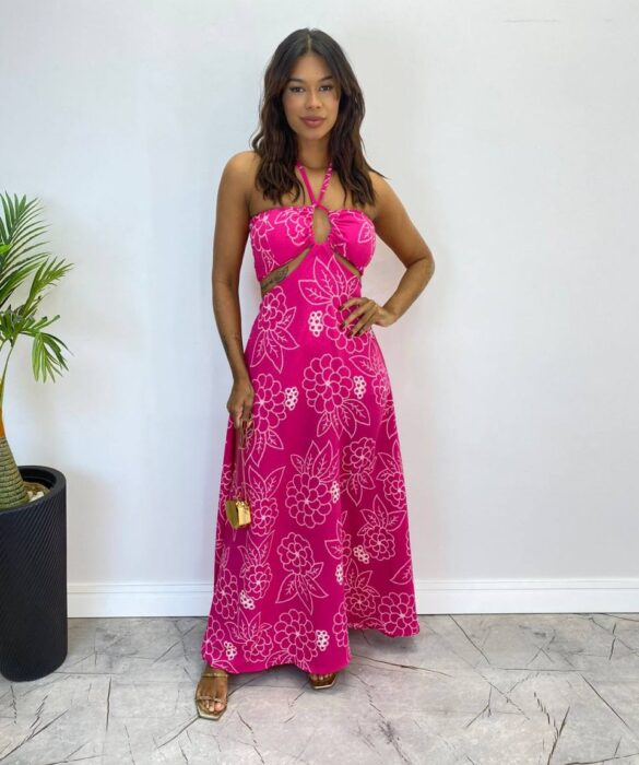 Vestido Longo com Bojo e Amarração no Pescoço Estampado Pink - Fernanda Ramos Store