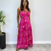 Vestido Longo com Bojo e Amarração no Pescoço Estampado Pink - Fernanda Ramos Store