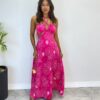 Vestido Longo com Bojo e Amarração no Pescoço Estampado Pink - Fernanda Ramos Store