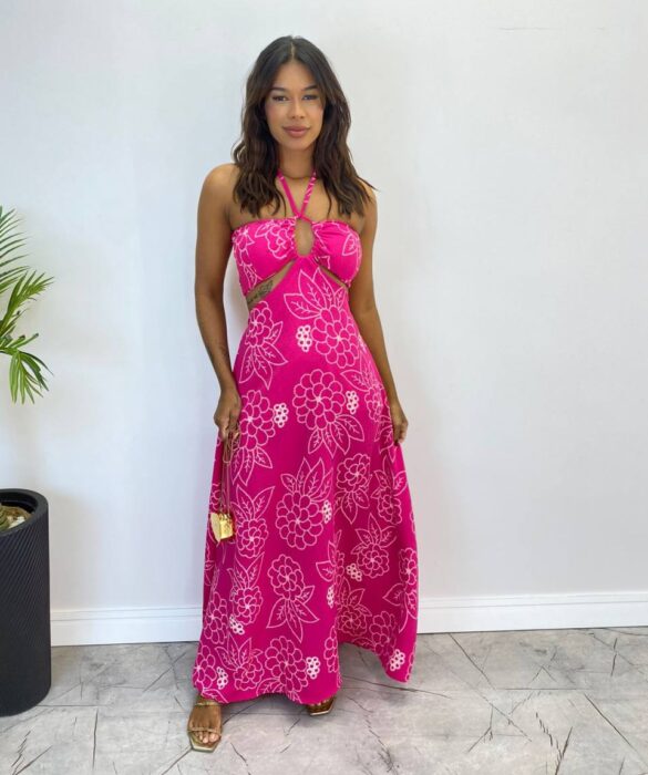 Vestido Longo com Bojo e Amarração no Pescoço Estampado Pink - Fernanda Ramos Store