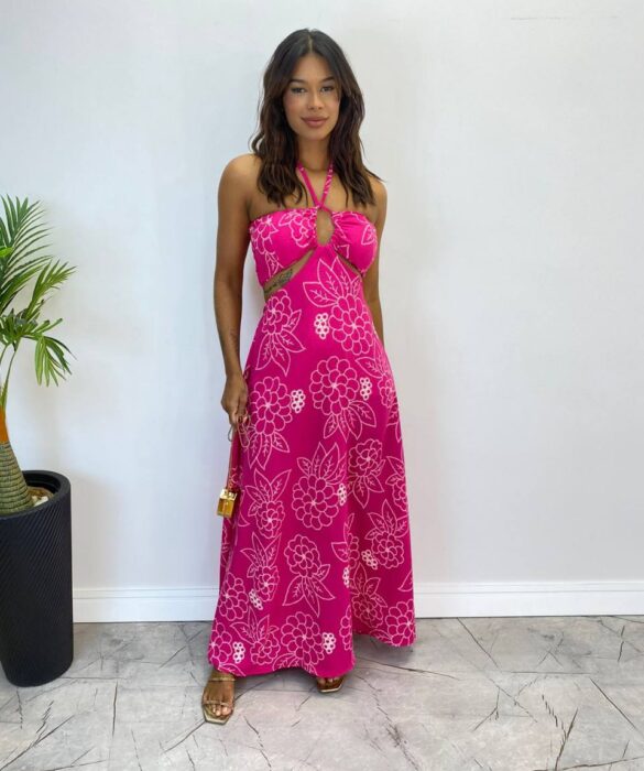 Vestido Longo com Bojo e Amarração no Pescoço Estampado Pink - Fernanda Ramos Store