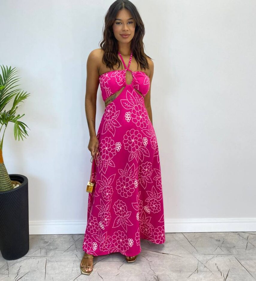 Vestido Longo com Bojo e Amarração no Pescoço Estampado Pink - Fernanda Ramos Store