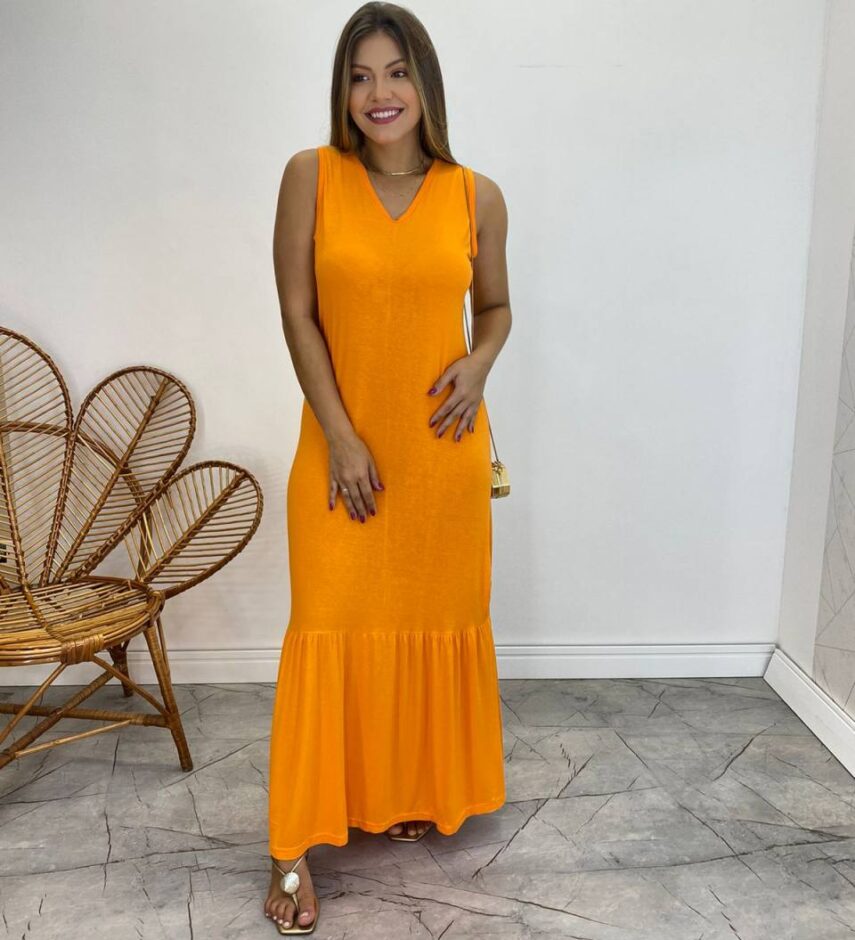 Vestido Longo de Malha Alça Grossa Laranja - Fernanda Ramos Store