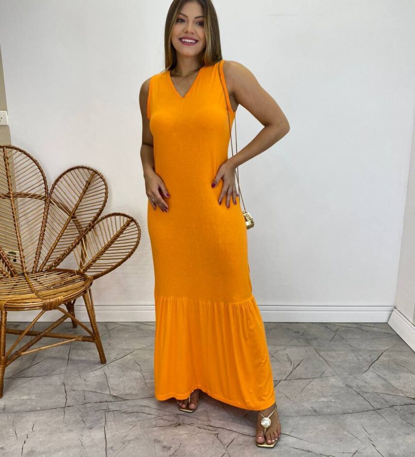 Vestido Longo de Malha Alça Grossa Laranja - Fernanda Ramos Store