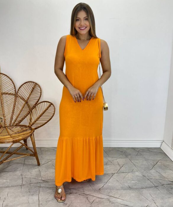 Vestido Longo de Malha Alça Grossa Laranja Fernanda Ramos Store