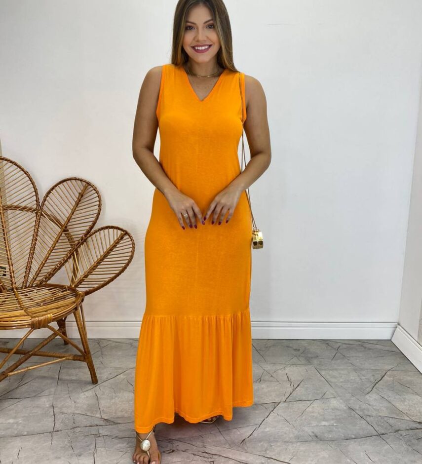 Vestido Longo de Malha Alça Grossa Laranja - Fernanda Ramos Store