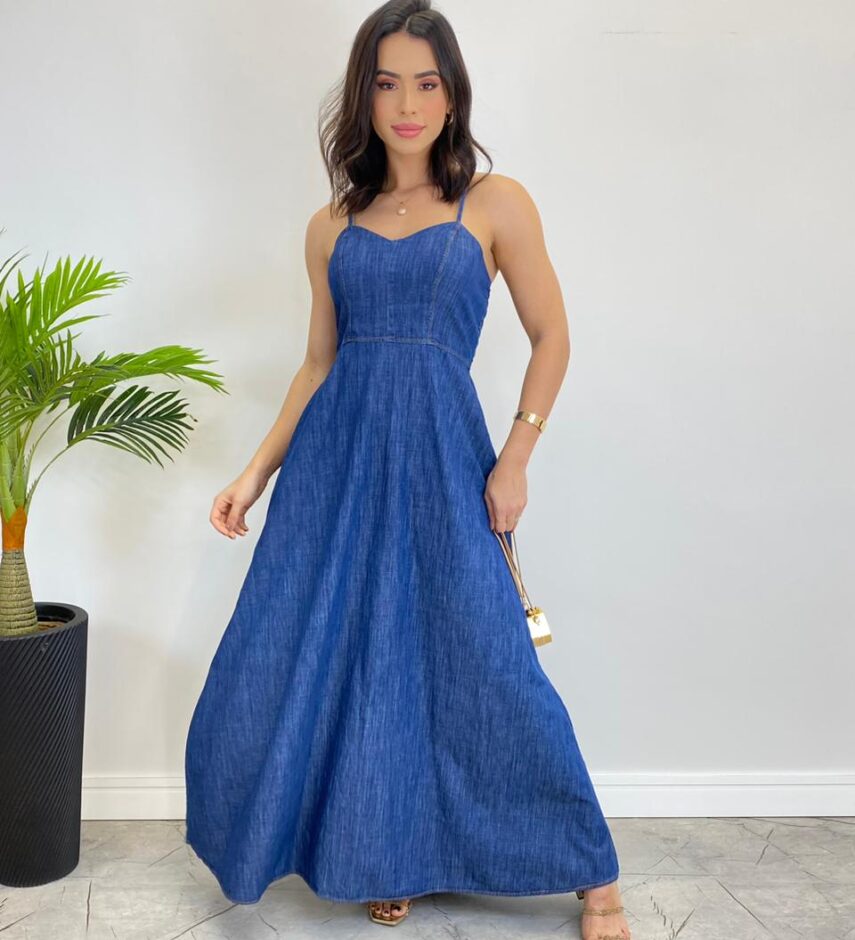 Vestido Longo Jeans sem Bojo com Alça Regulável - Fernanda Ramos Store