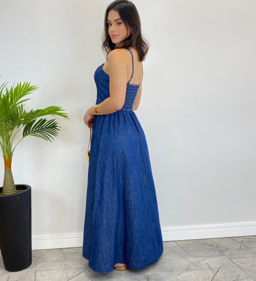 Vestido Longo Jeans sem Bojo com Alça Regulável - Fernanda Ramos Store