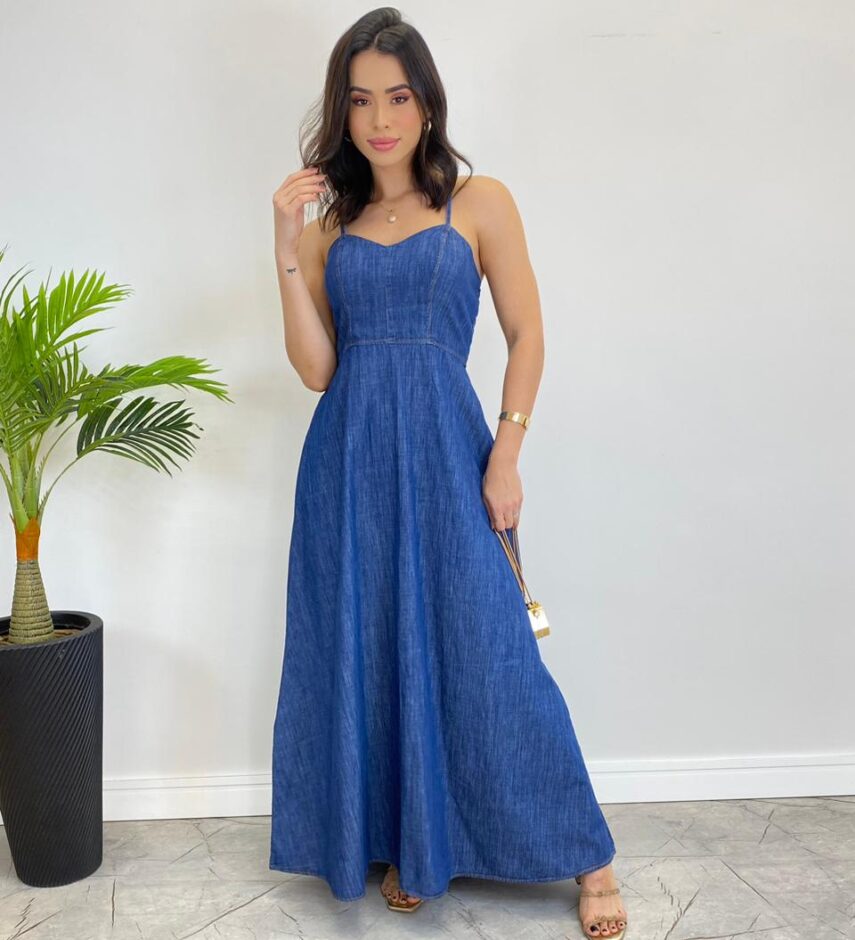Vestido Longo Jeans sem Bojo com Alça Regulável - Fernanda Ramos Store