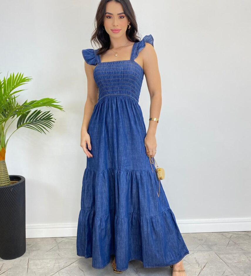 Vestido Longo Jeans sem Bojo com Babado nas Alças - Fernanda Ramos Store