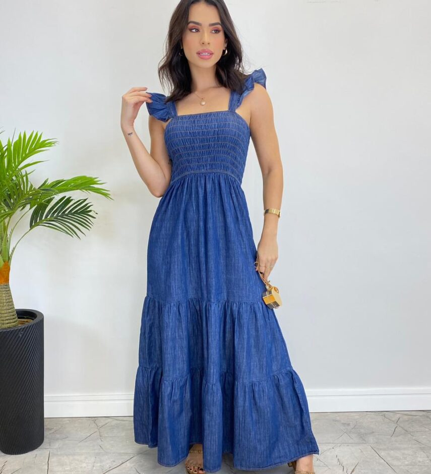 Vestido Longo Jeans sem Bojo com Babado nas Alças - Fernanda Ramos Store