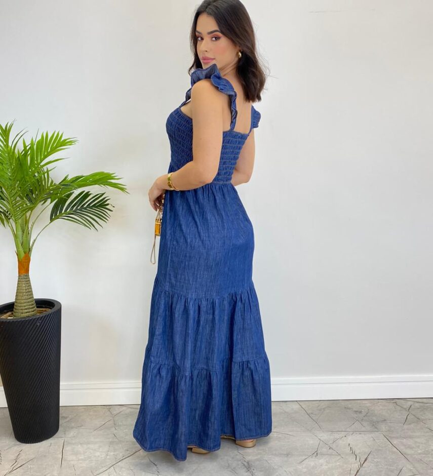 Vestido Longo Jeans sem Bojo com Babado nas Alças - Fernanda Ramos Store