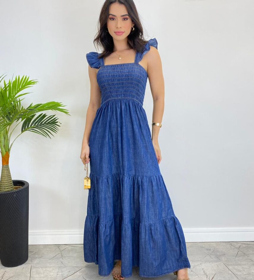 Vestido Longo Jeans sem Bojo com Babado nas Alças - Fernanda Ramos Store