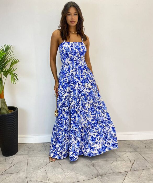 Vestido Longo Laísa sem Bojo com Lastex Estampado Azul - Fernanda Ramos Store