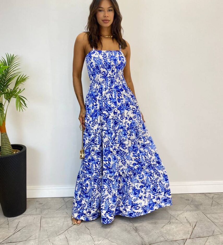 Vestido Longo Laísa sem Bojo com Lastex Estampado Azul - Fernanda Ramos Store