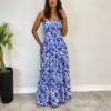 Vestido Longo Laísa sem Bojo com Lastex Estampado Azul - Fernanda Ramos Store