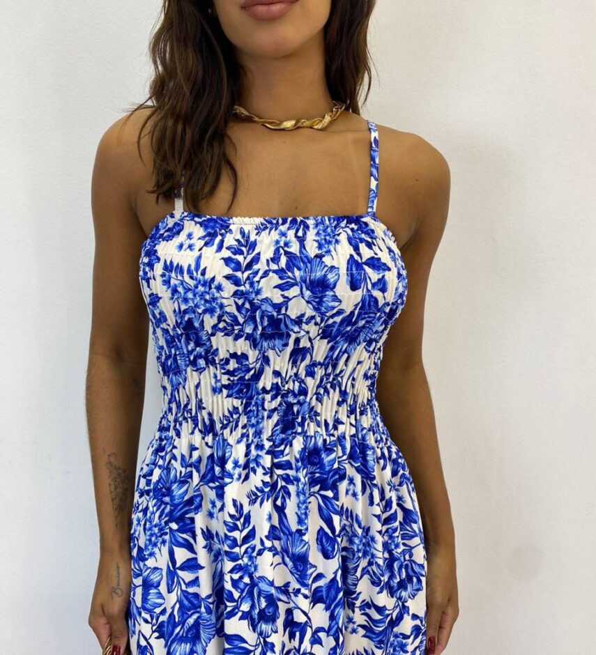 Vestido Longo Laísa sem Bojo com Lastex Estampado Azul - Fernanda Ramos Store