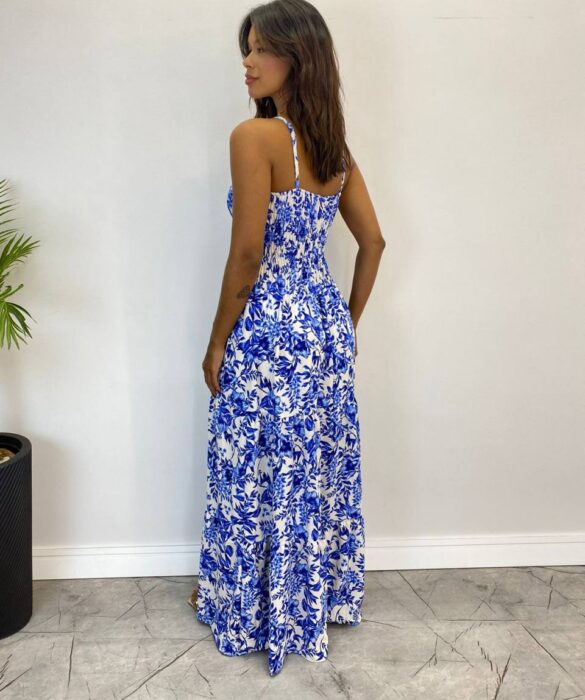 Vestido Longo Laísa sem Bojo com Lastex Estampado Azul - Fernanda Ramos Store