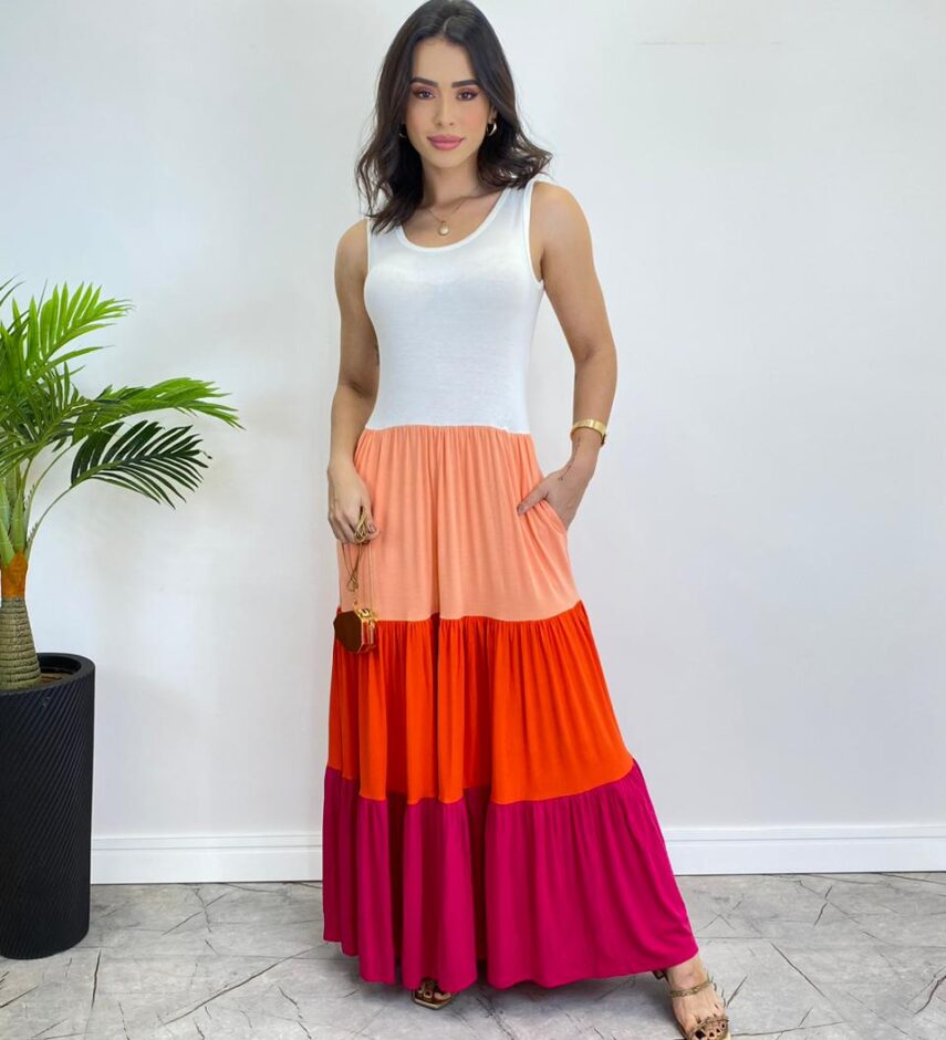 Vestido Longo sem Bojo Alça Larga com Camadas Coloridas - Fernanda Ramos Store