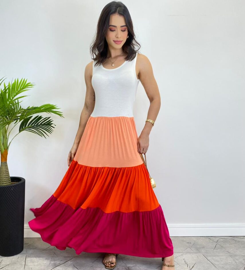 Vestido Longo sem Bojo Alça Larga com Camadas Coloridas - Fernanda Ramos Store