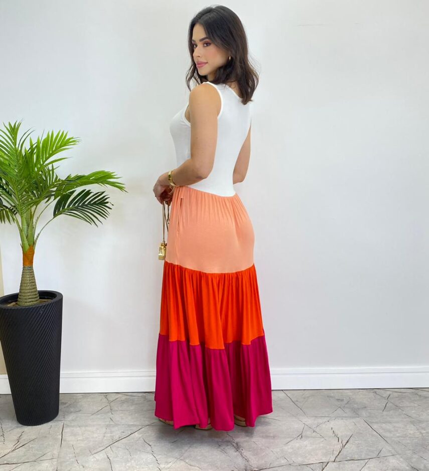 Vestido Longo sem Bojo Alça Larga com Camadas Coloridas - Fernanda Ramos Store