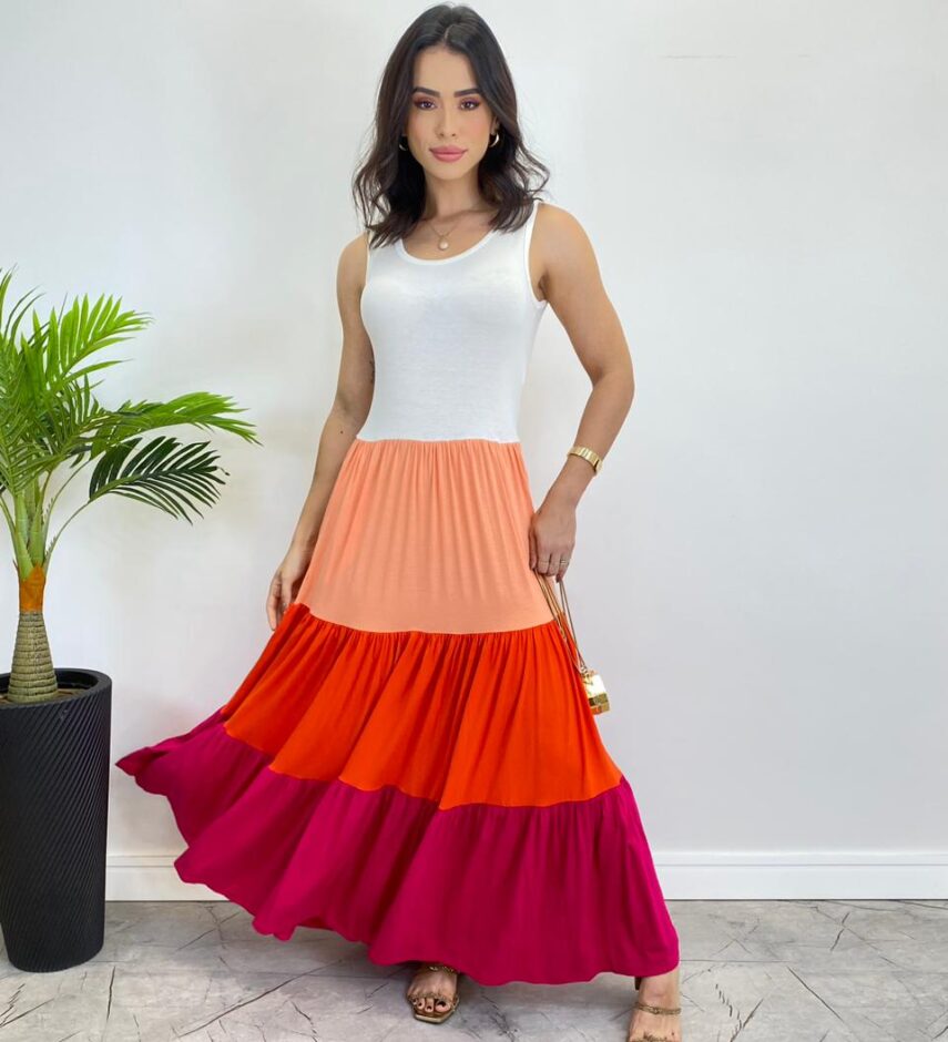 Vestido Longo sem Bojo Alça Larga com Camadas Coloridas - Fernanda Ramos Store