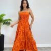 Vestido Longo sem Bojo com Lastex Estampado Laranja - Fernanda Ramos Store