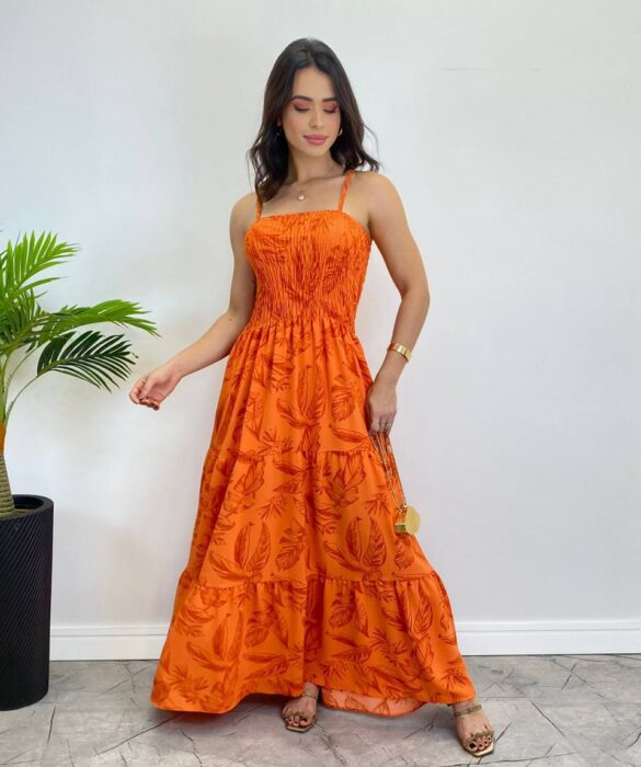 Vestido Longo sem Bojo com Lastex Estampado Laranja - Fernanda Ramos Store