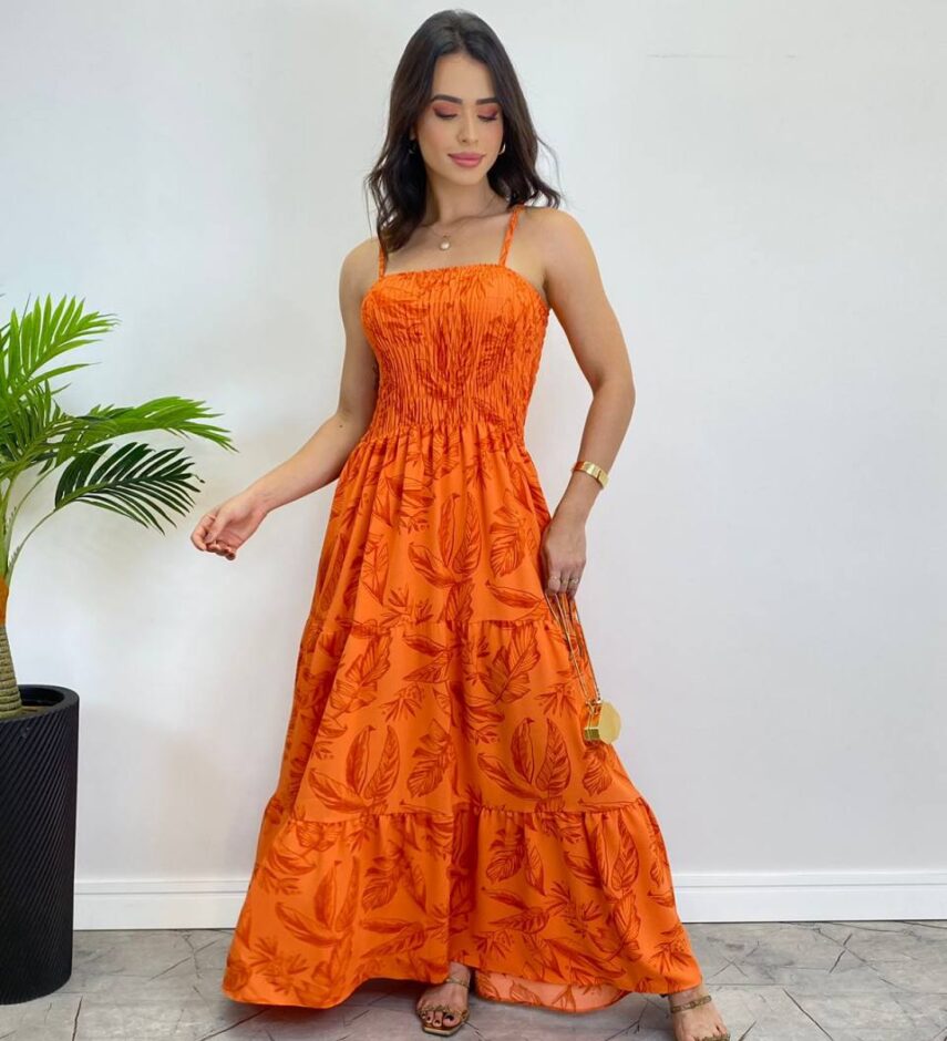 Vestido Longo sem Bojo com Lastex Estampado Laranja - Fernanda Ramos Store