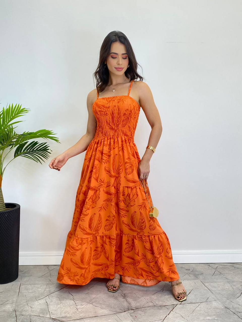 Vestido Longo sem Bojo Estampado Borboletas Laranja - Fernanda